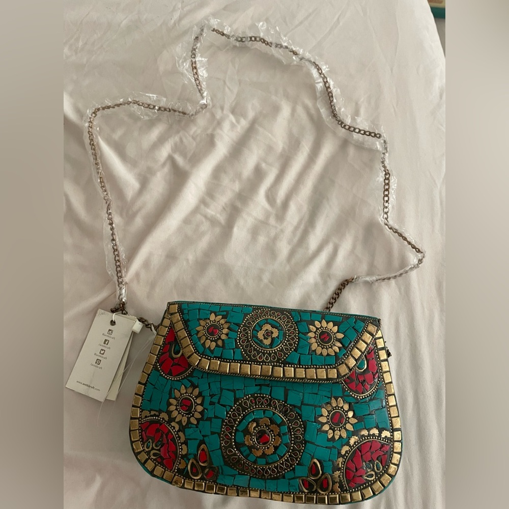 Aqua vintage blue gold/orange  details bag